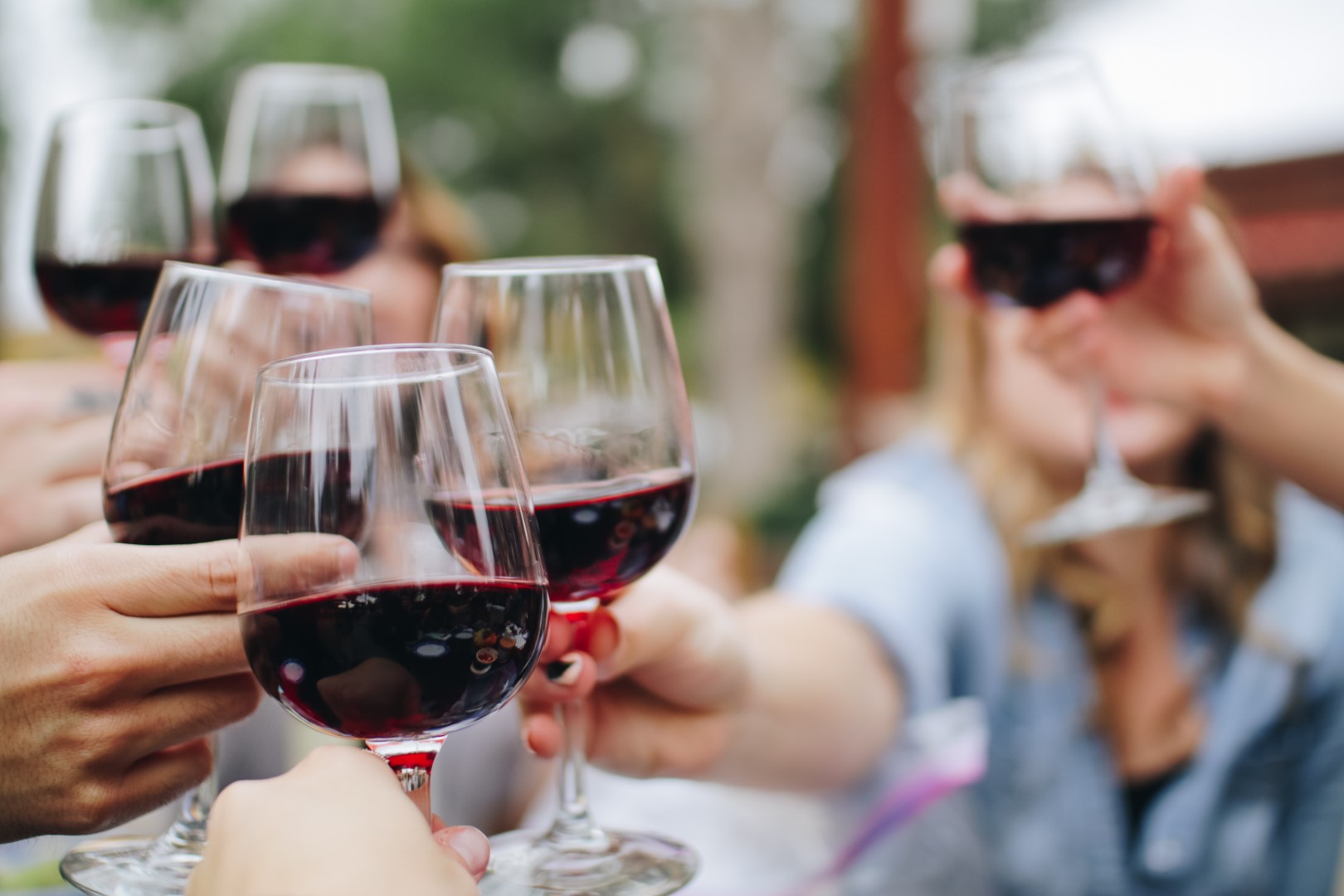 Image of a red wine tasting with the glasses lifted in toast